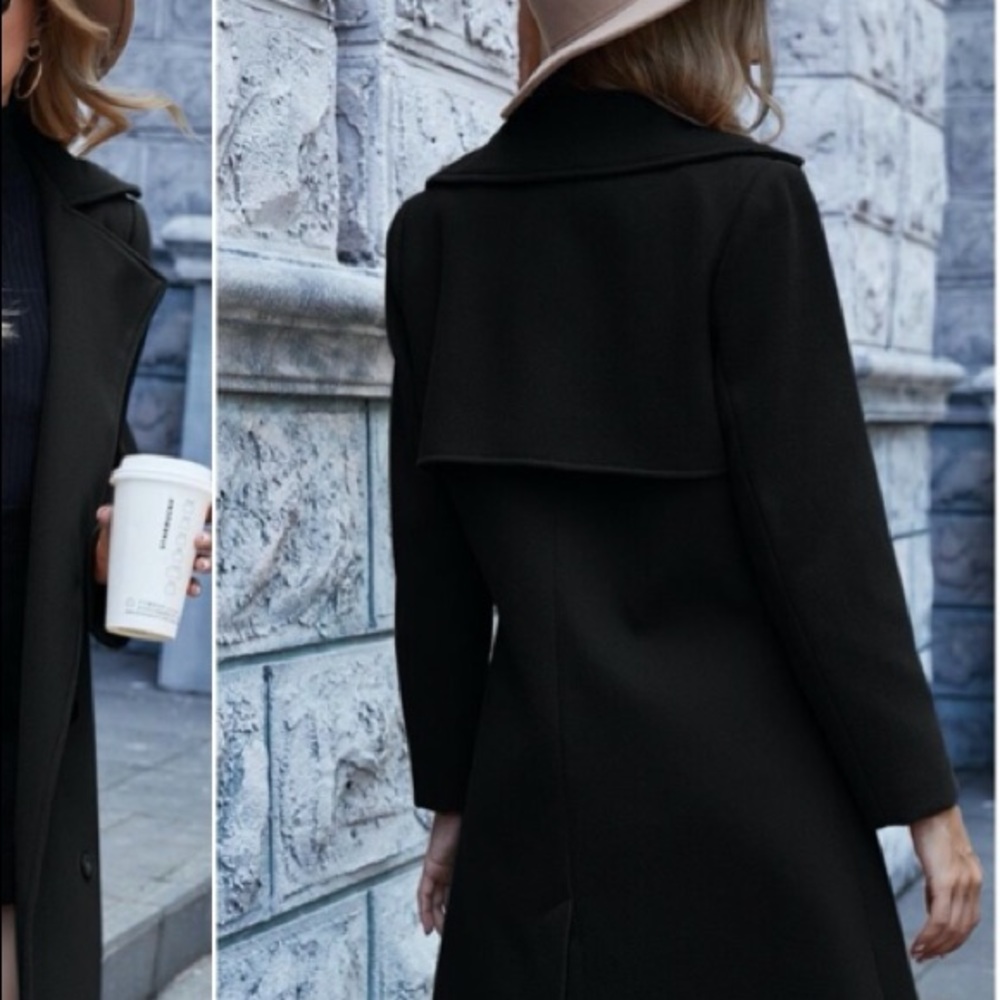 Black wide collar double button trench coat. Size SMALL - Picture 2 of 14